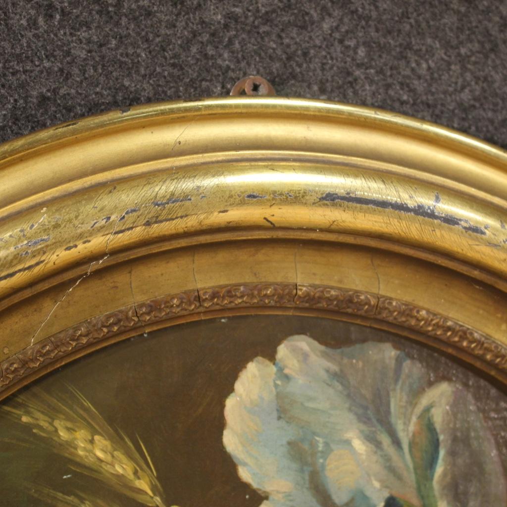 19th Century Oil on Canvas Italian Antique Oval Painting Still Life, 1870 In Good Condition In Vicoforte, Piedmont