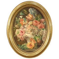 19th Century Oil on Canvas Italian Antique Oval Painting Still Life, 1870