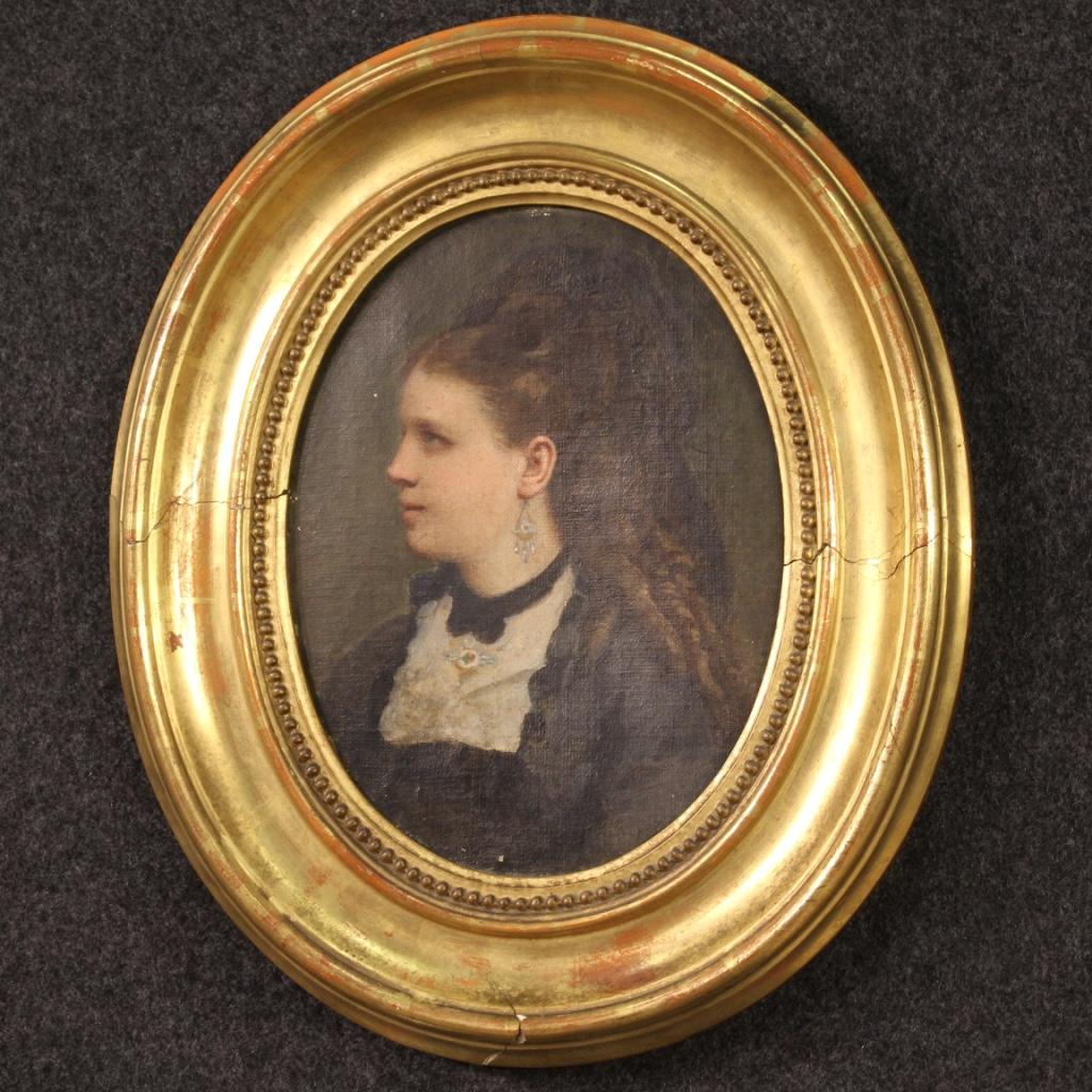 19th Century Oil on Canvas Italian Antique Oval Painting Woman Portrait, 1880 For Sale 4