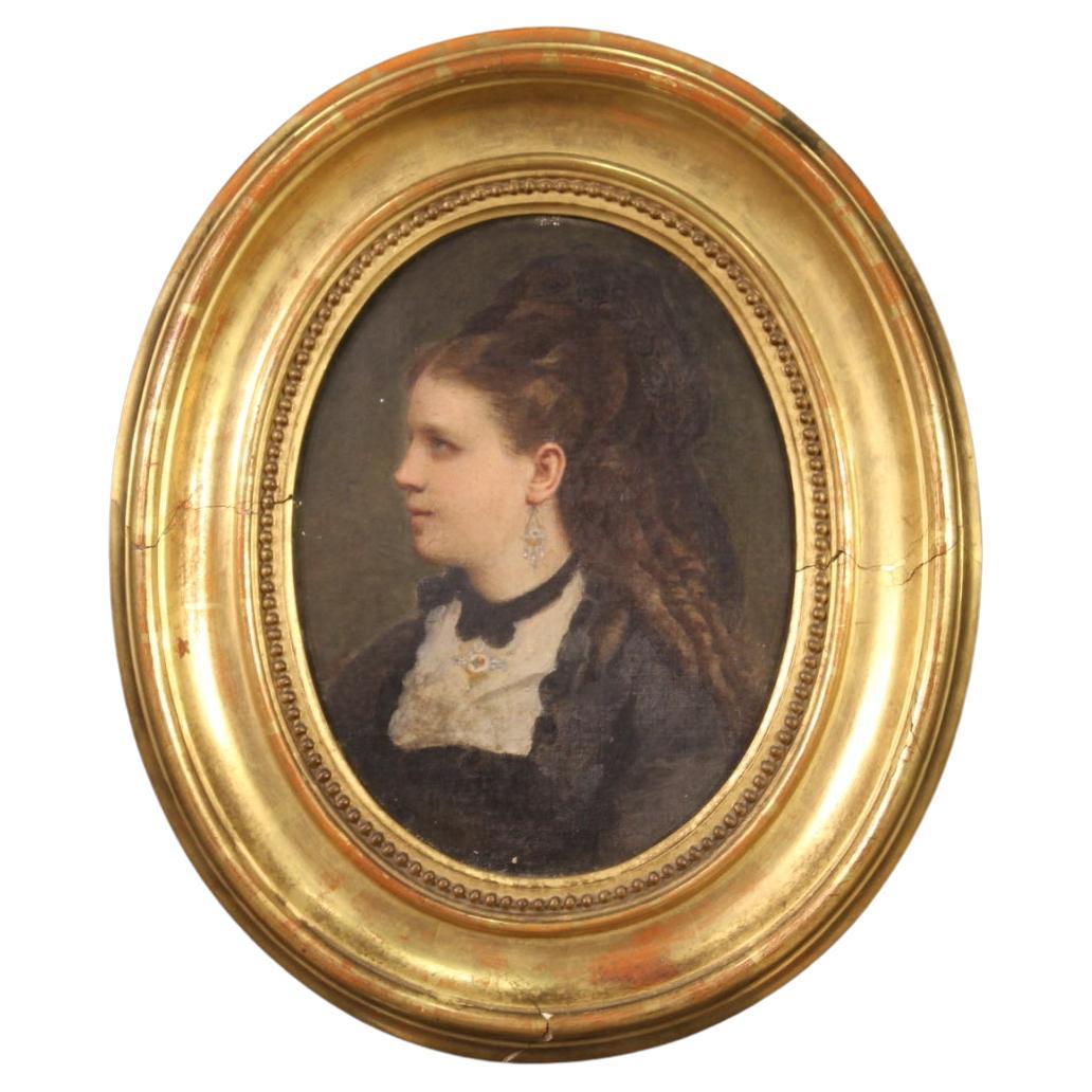 19th Century Oil on Canvas Italian Antique Oval Painting Woman Portrait, 1880