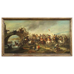 19th Century Oil on Canvas Italian Antique Painting Battle on the Bridge, 1880