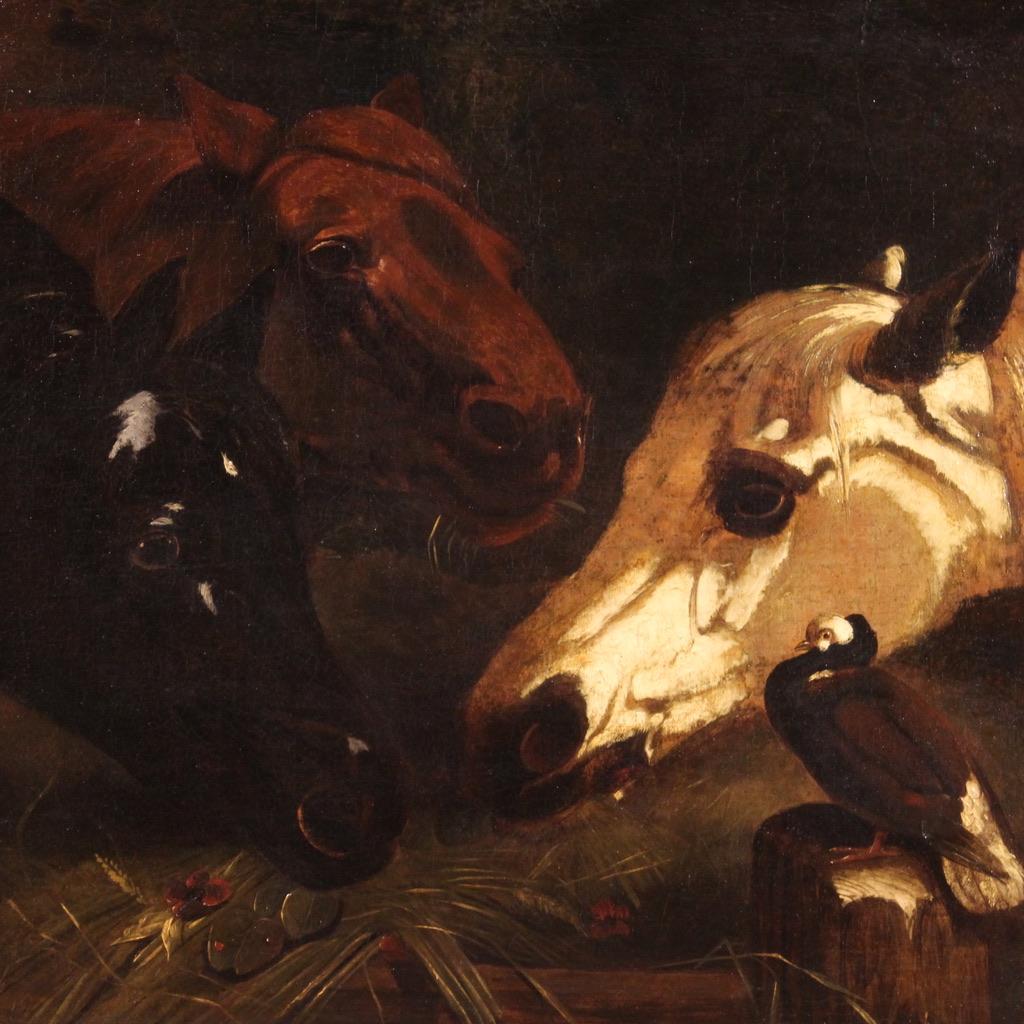 19th Century Oil on Canvas Italian Antique Painting Horses, 1820 In Good Condition For Sale In Vicoforte, Piedmont