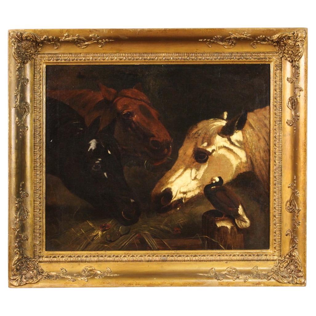 19th Century Oil on Canvas Italian Antique Painting Horses, 1820 For Sale