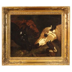 19th Century Oil on Canvas Italian Antique Painting Horses, 1820