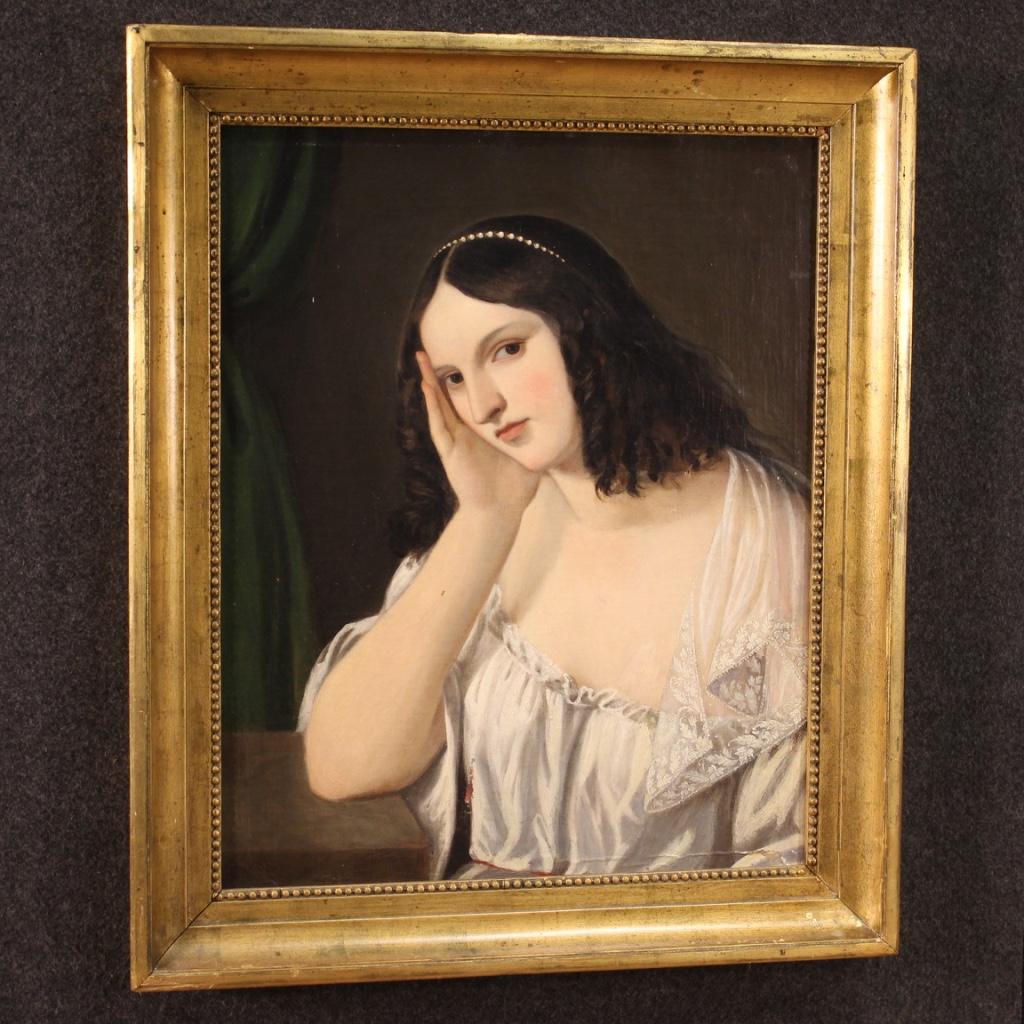 19th Century Oil on Canvas Italian Antique Painting Lady Portrait, 1850 For Sale 11