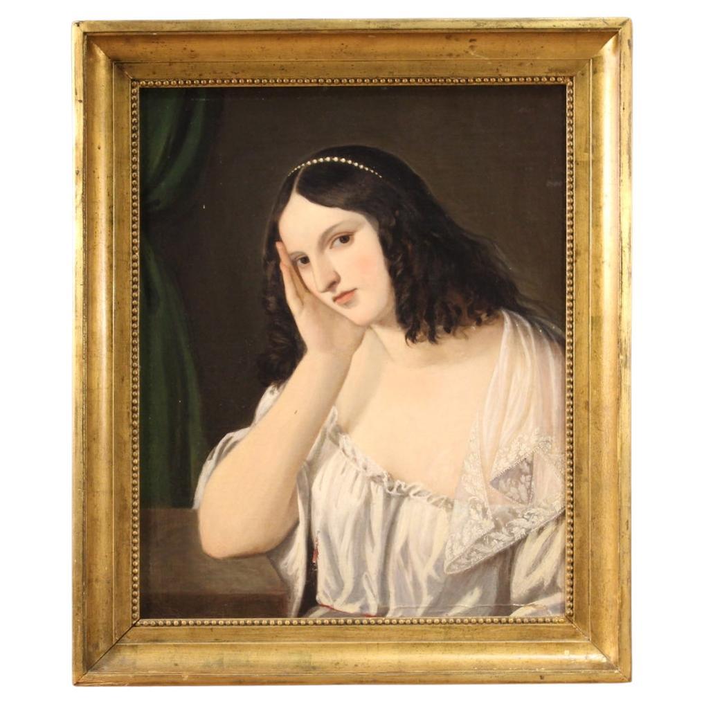 19th Century Oil on Canvas Italian Antique Painting Lady Portrait, 1850 For Sale