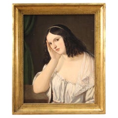 19th Century Oil on Canvas Italian Vintage Painting Lady Portrait, 1850