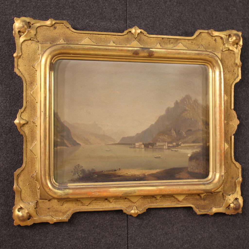 19th Century Oil on Canvas Italian Antique Painting Lake View Landscape, 1860 6