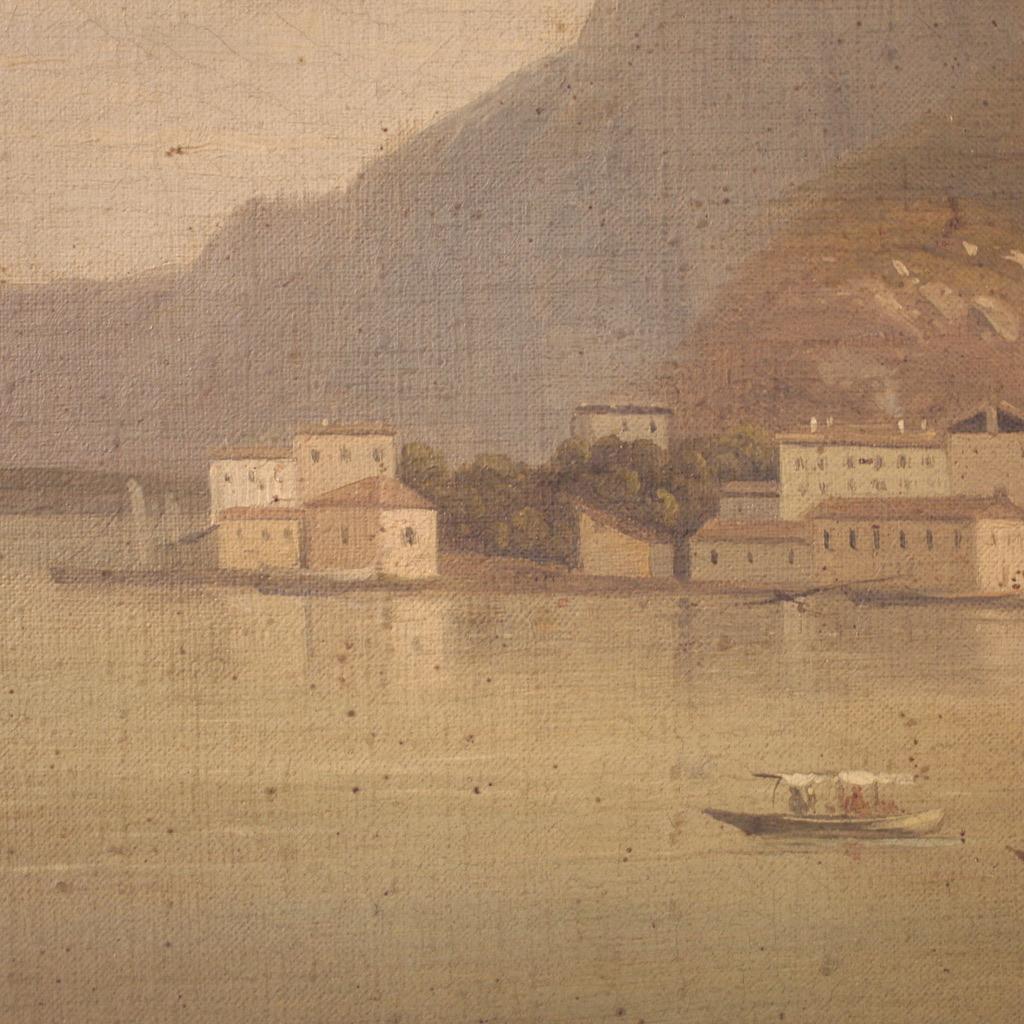 19th Century Oil on Canvas Italian Antique Painting Lake View Landscape, 1860 7