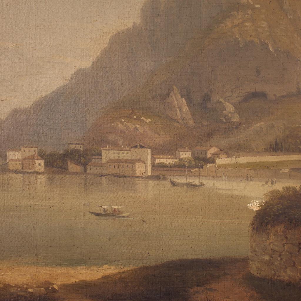 Oiled 19th Century Oil on Canvas Italian Antique Painting Lake View Landscape, 1860