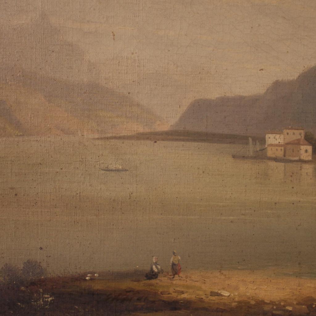 19th Century Oil on Canvas Italian Antique Painting Lake View Landscape, 1860 In Good Condition In Vicoforte, Piedmont