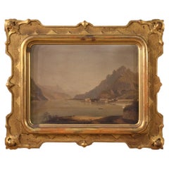 19th Century Oil on Canvas Italian Antique Painting Lake View Landscape, 1860