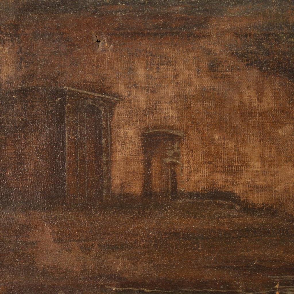 19th Century Oil on Canvas Italian Antique Painting Landscape with Architectures 4