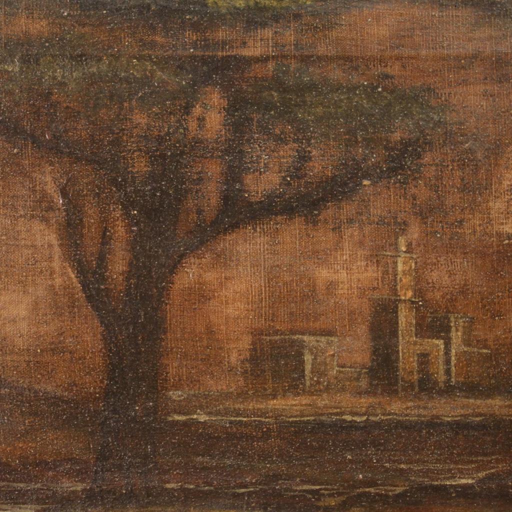 19th Century Oil on Canvas Italian Antique Painting Landscape with Architectures 5