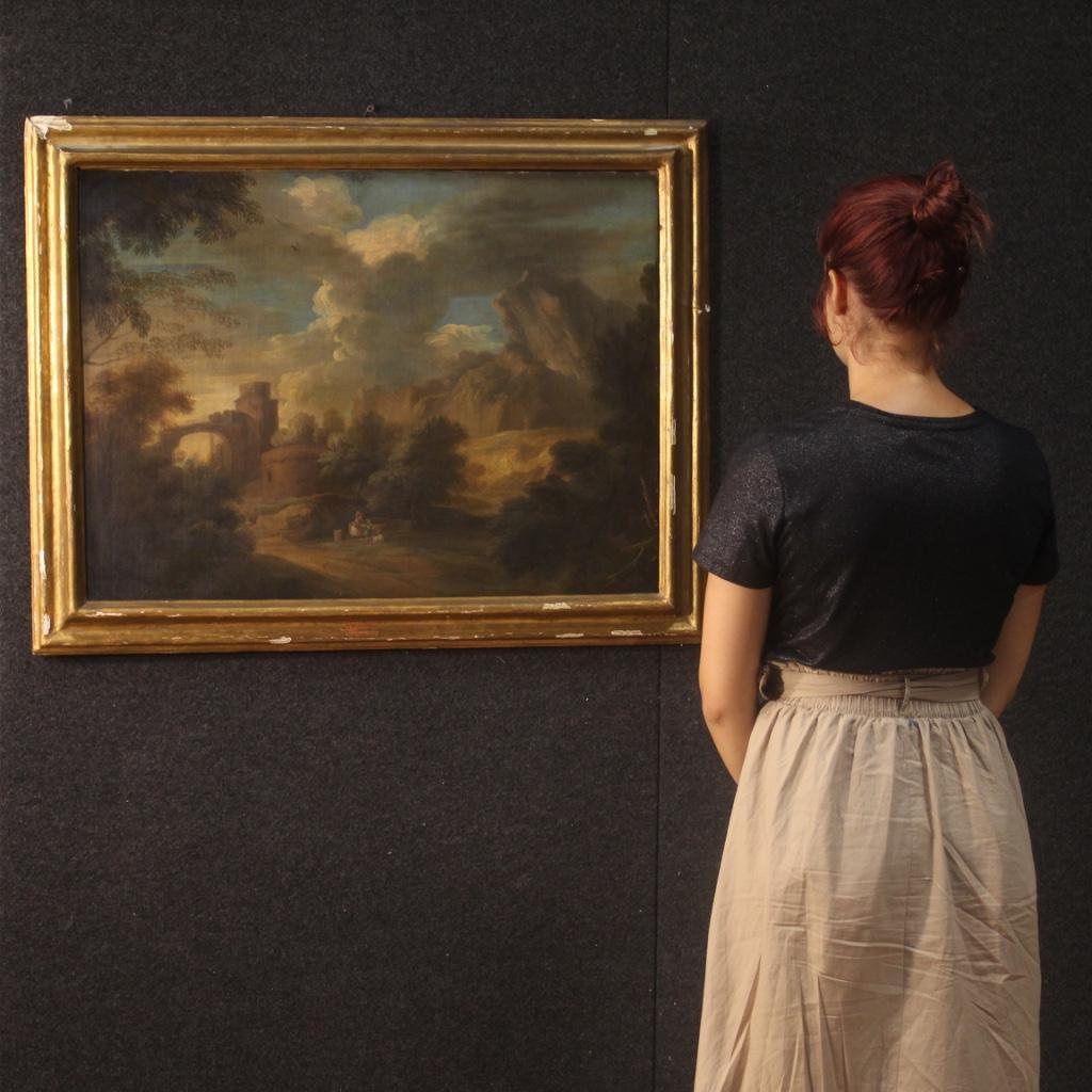 Olio su tela del XIX secolo - Pittura antica italiana Paesaggio con personaggi 7
