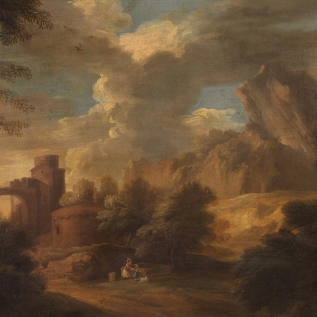 Antico dipinto genovese degli inizi del XIX secolo. Dipinto a olio su tela che raffigura un paesaggio piacevole con personaggi romantici e rovine. Quadro di belle proporzioni con cornice in legno e gesso (ridescritta e adattata al quadro) con