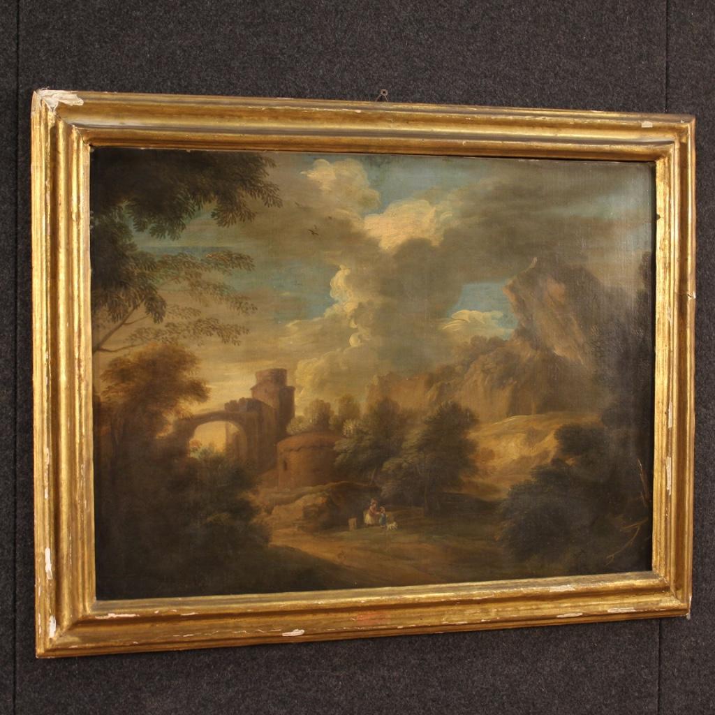 Italiano Olio su tela del XIX secolo - Pittura antica italiana Paesaggio con personaggi