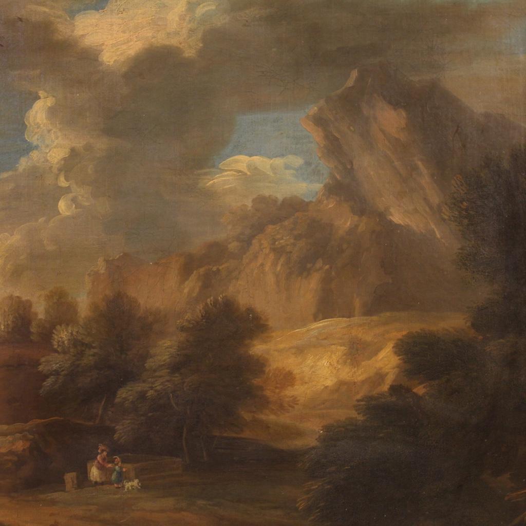 Olio su tela del XIX secolo - Pittura antica italiana Paesaggio con personaggi In condizioni buone a Vicoforte, Piedmont