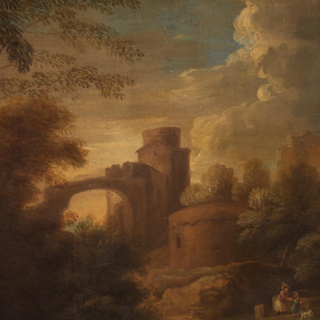 Tela Olio su tela del XIX secolo - Pittura antica italiana Paesaggio con personaggi