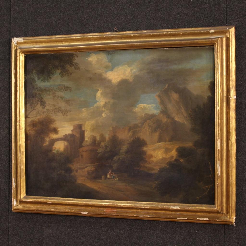 Olio su tela del XIX secolo - Pittura antica italiana Paesaggio con personaggi 1