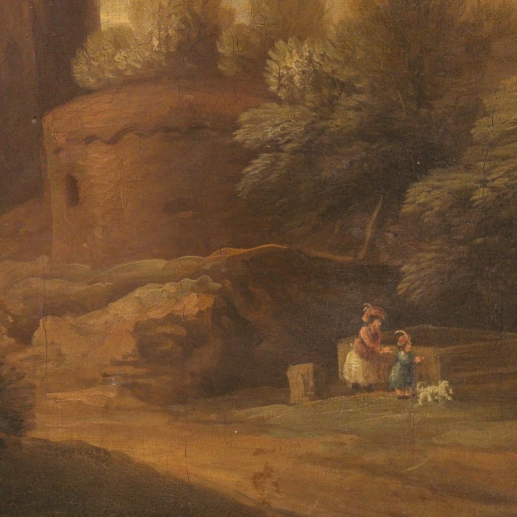 Olio su tela del XIX secolo - Pittura antica italiana Paesaggio con personaggi 2