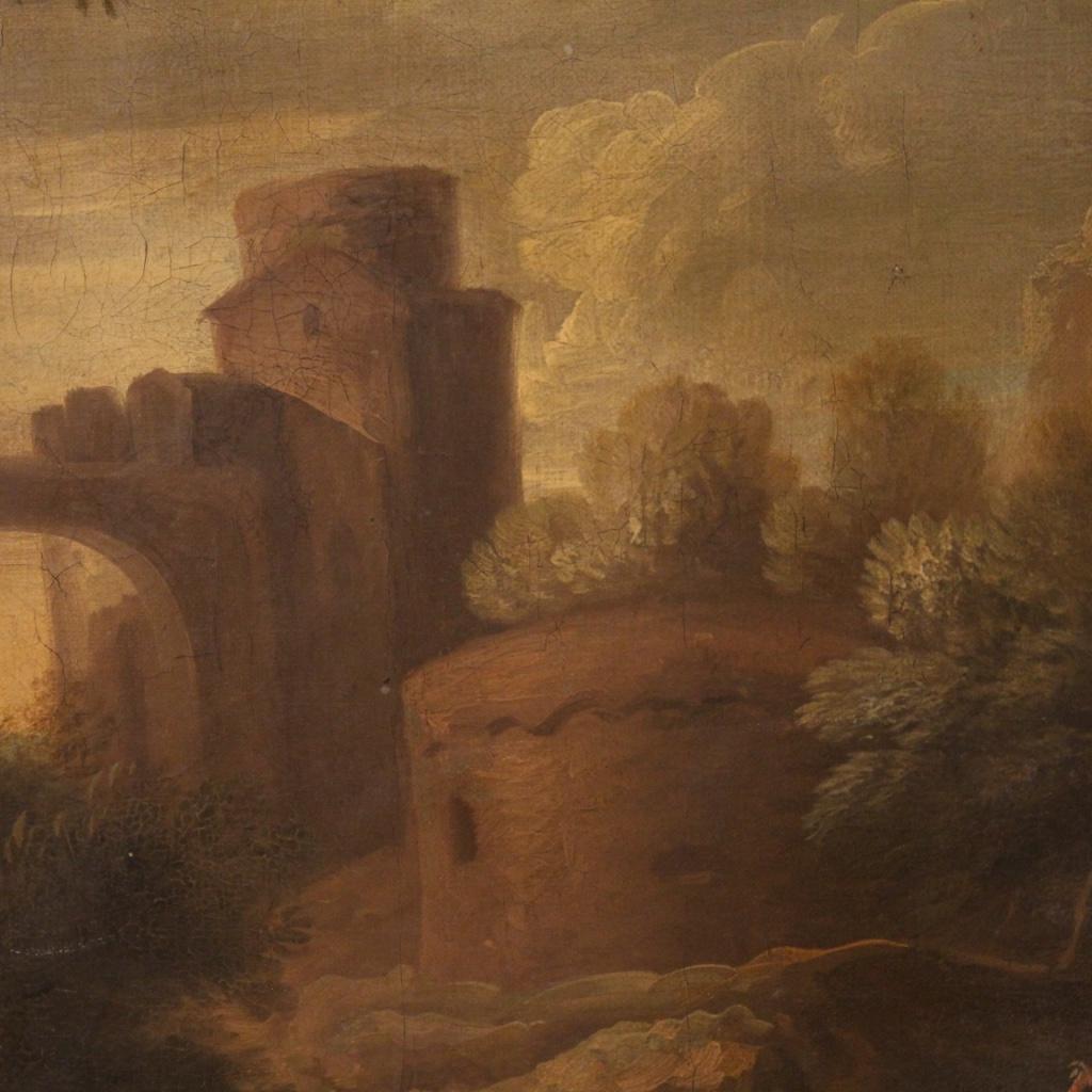 Olio su tela del XIX secolo - Pittura antica italiana Paesaggio con personaggi 3