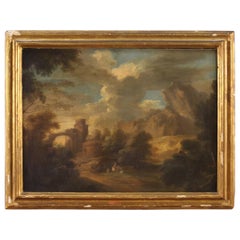 Olio su tela del XIX secolo - Pittura antica italiana Paesaggio con personaggi