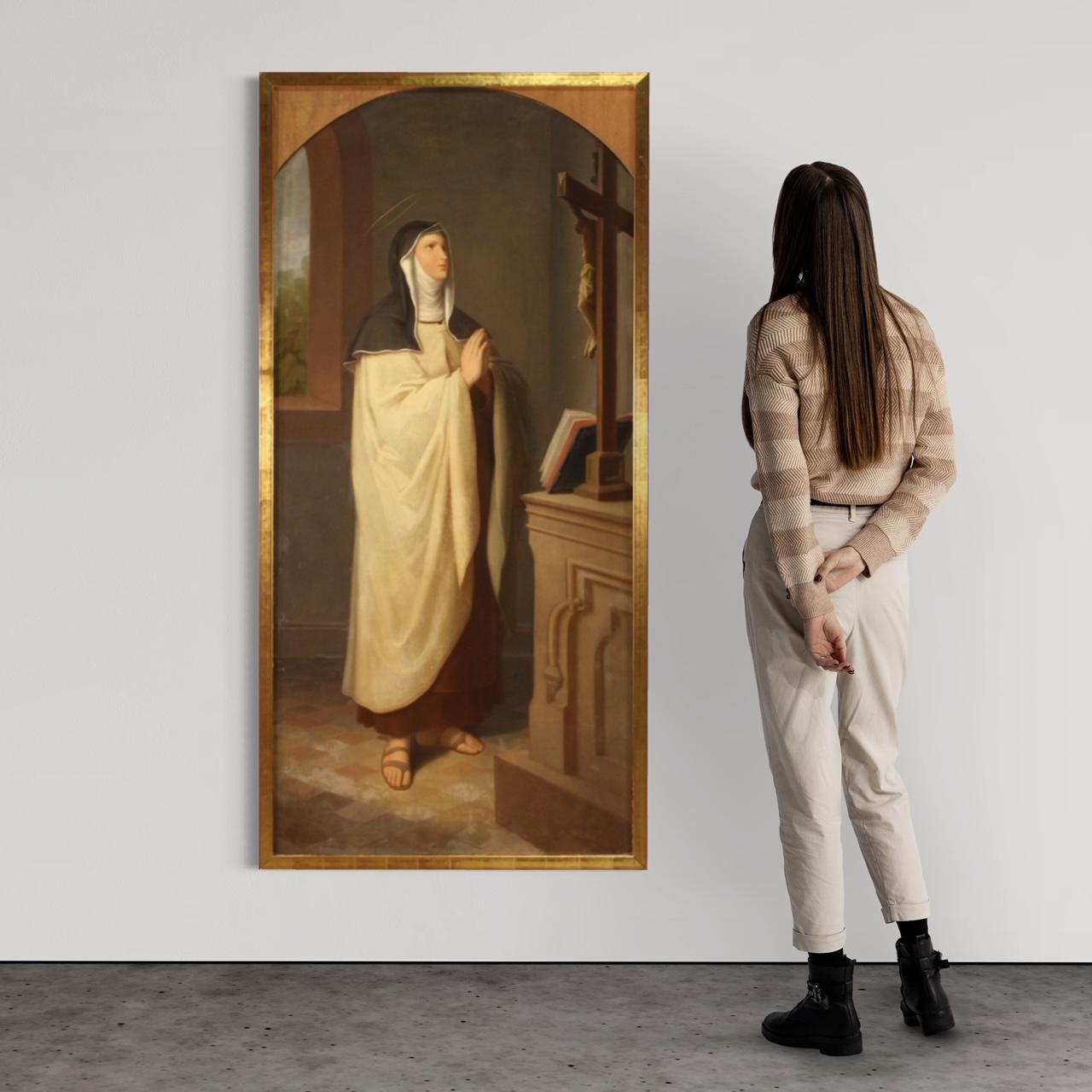 Antique Italian painting from the second half of the 19th century. Artwork oil on canvas depicting a religious subject, Saint in prayer of good pictorial quality. Painting that develops vertically, of beautiful size and proportion, complete with a