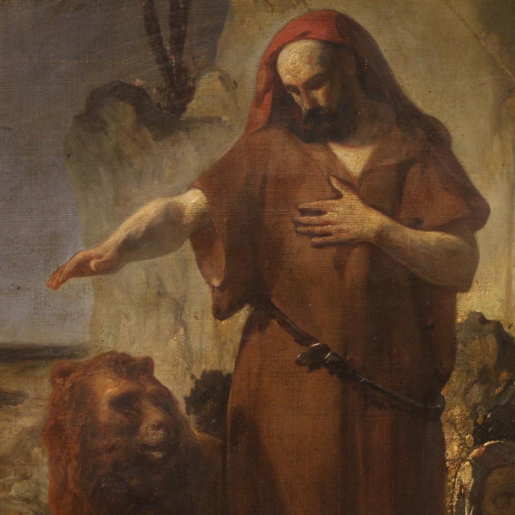 Faszinierendes italienisches Gemälde aus dem 19. Jahrhundert, das den Heiligen Antonius, den Abt, darstellt, der den Einsiedler Paulus begraben hat. Zwei Löwen helfen dem Heiligen auf wundersame Weise, indem sie im Vordergrund ein Grab ausheben.