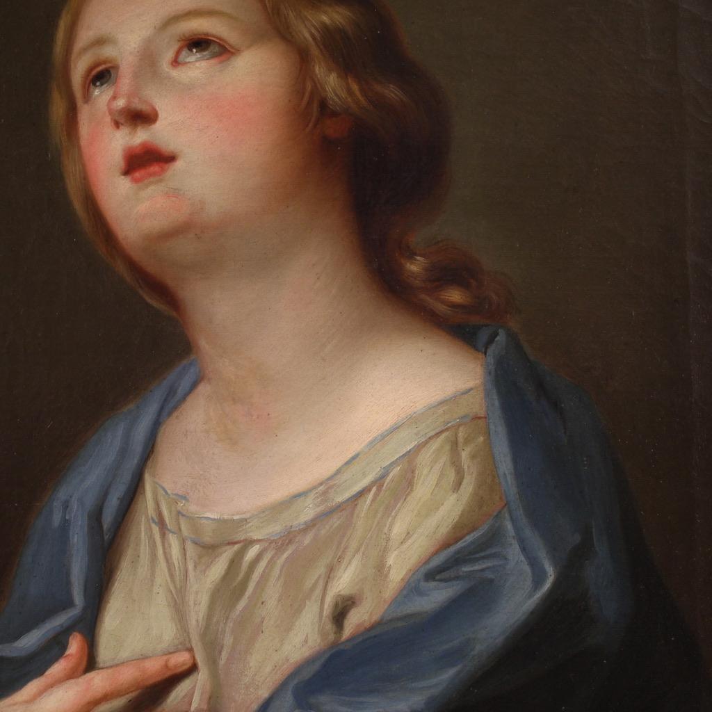 19th Century Oil on Canvas Italian Antique Religious Painting Praying Madonna in vendita 4