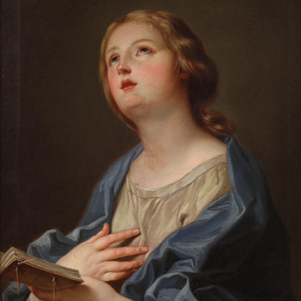 Wonderful 19th century Italian painting. Oil painting on canvas, first canvas, depicting a splendid praying Madonna who takes as a model a late Baroque devotional composition, presumably influenced by the work of Carlo Cignani (1628-1719). The