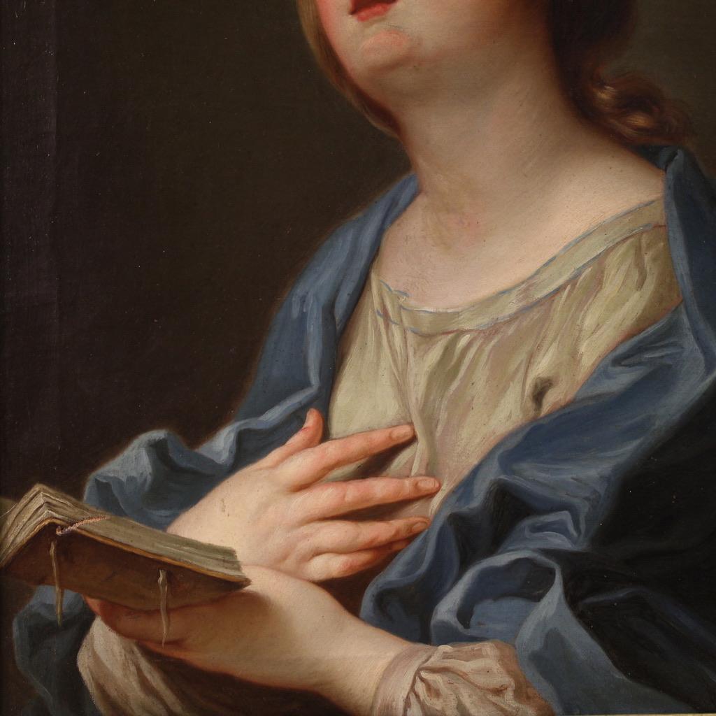 19th Century Oil on Canvas Italian Antique Religious Painting Praying Madonna In condizioni buone in vendita a Vicoforte, Piedmont