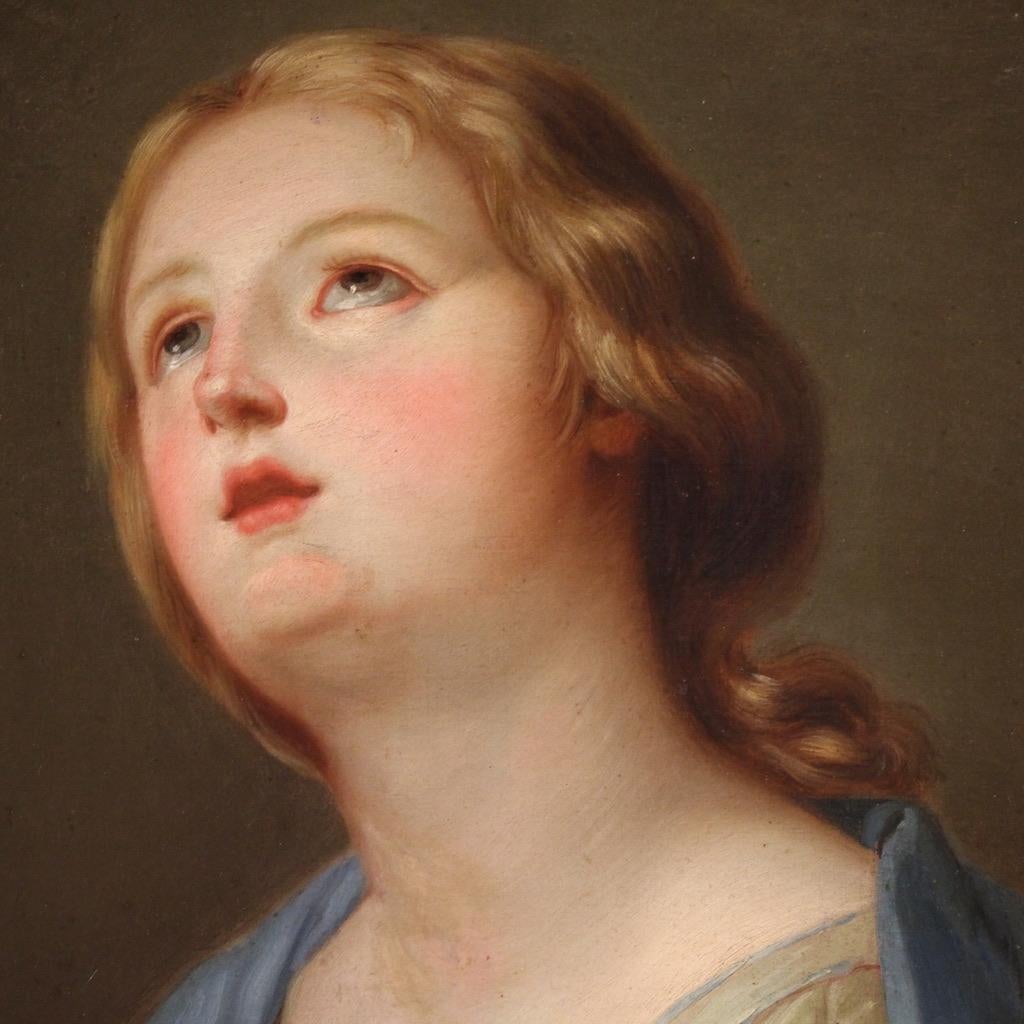 Mid-19th Century 19th Century Oil on Canvas Italian Antique Religious Painting Praying Madonna in vendita