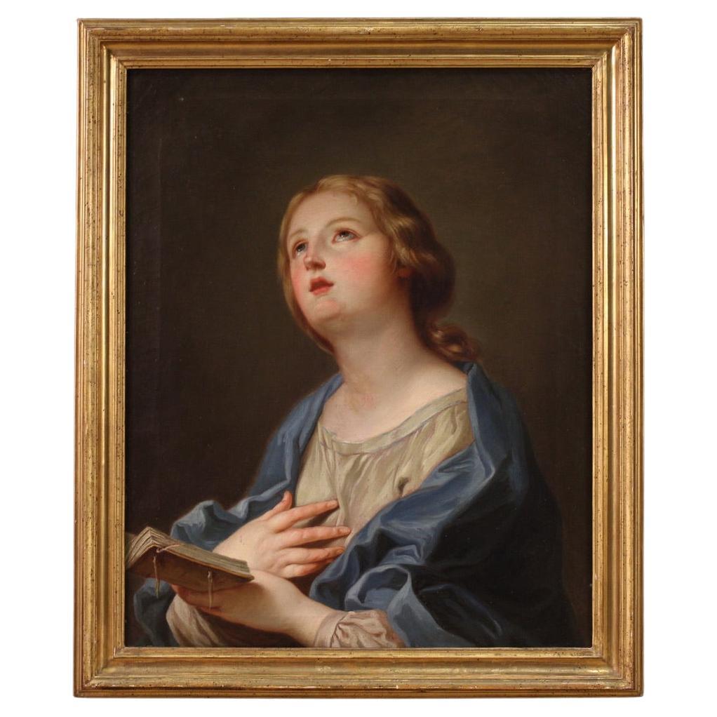 19th Century Oil on Canvas Italian Antique Religious Painting Praying Madonna in vendita