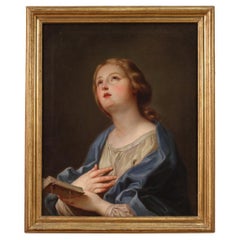 19th Century Oil on Canvas Italian Antique Religious Painting Praying Madonna
