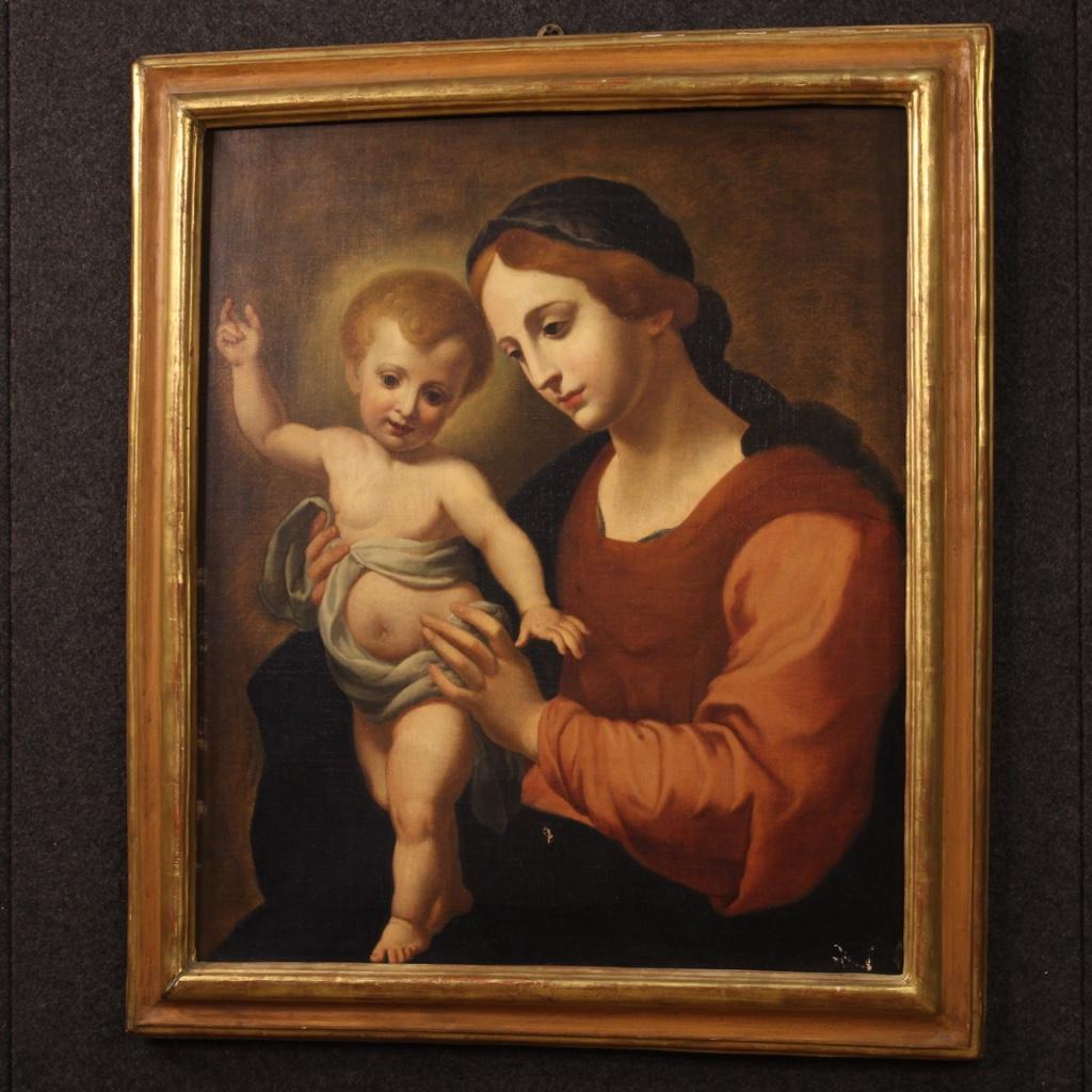 19th Century Oil on Canvas Italian Antique Religious Painting Virgin with Child In Good Condition In Vicoforte, Piedmont