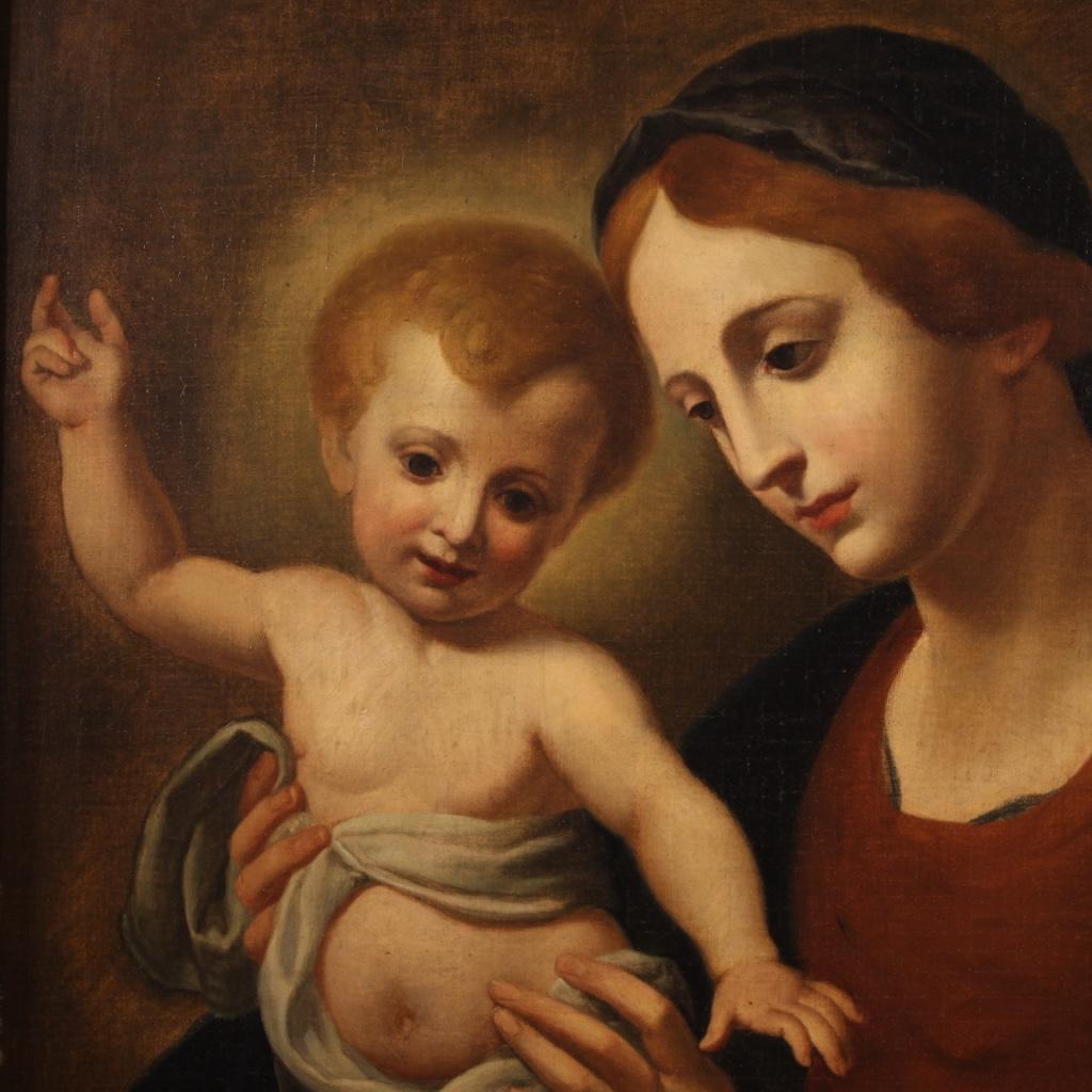 19th Century Oil on Canvas Italian Antique Religious Painting Virgin with Child 1