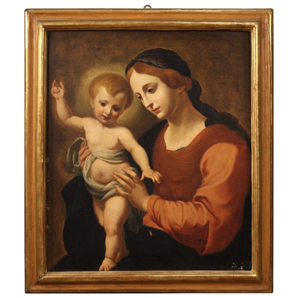 19th Century Oil on Canvas Italian Antique Religious Painting Virgin with Child