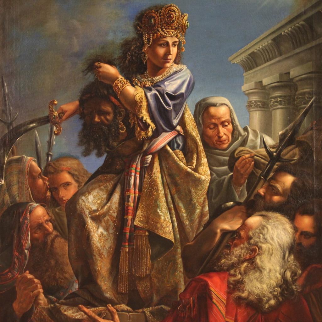 Italian painting from the second half of the 19th century. Oil on canvas artwork, first canvas (with partial relining), depicting a biblical subject, Judith with the head of Holofernes. In her story, a young widow saves her people from the siege of