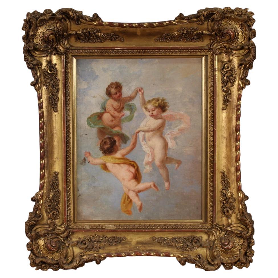 19th Century Oil on Canvas Italian Cherubs Game Painting, 1870