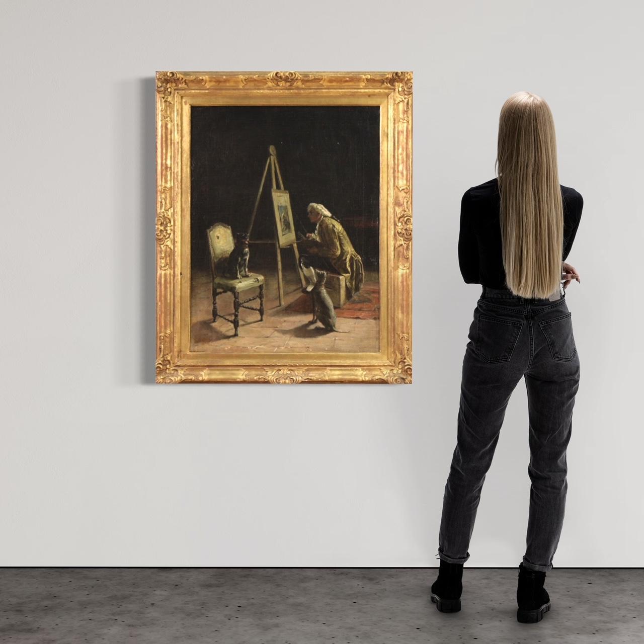 Raffinierte italienische Malerei aus der zweiten Hälfte des 19. Jahrhunderts. Öl auf Leinwand, links unten signiert G. Bottero, ein Werk des italienischen Malers Giuseppe Bottero (1846-1930), ohne Beglaubigung. Ein Gemälde mit einem kuriosen und