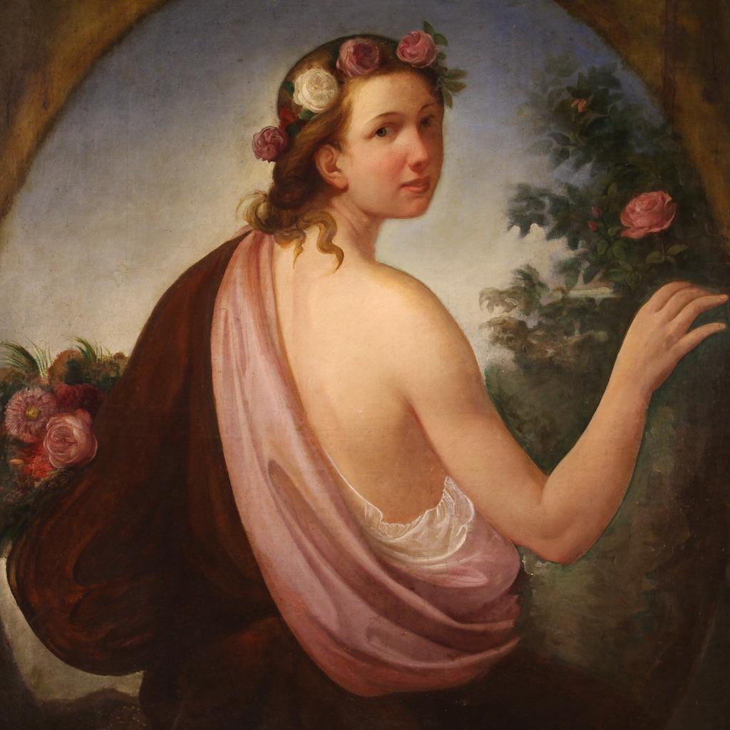 Antique Italian painting from the first half of the 19th century. Oil artwork on canvas depicting a neoclassical subject, splendid portrait of a girl in a flower garden. Painting with a good pictorial quality, note the quality of the drapery and the