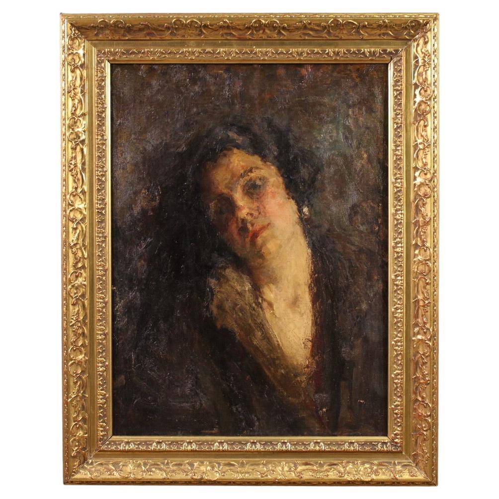19th Century Oil on Canvas Italian Impressionist Female Portrait Painting, 1890 For Sale
