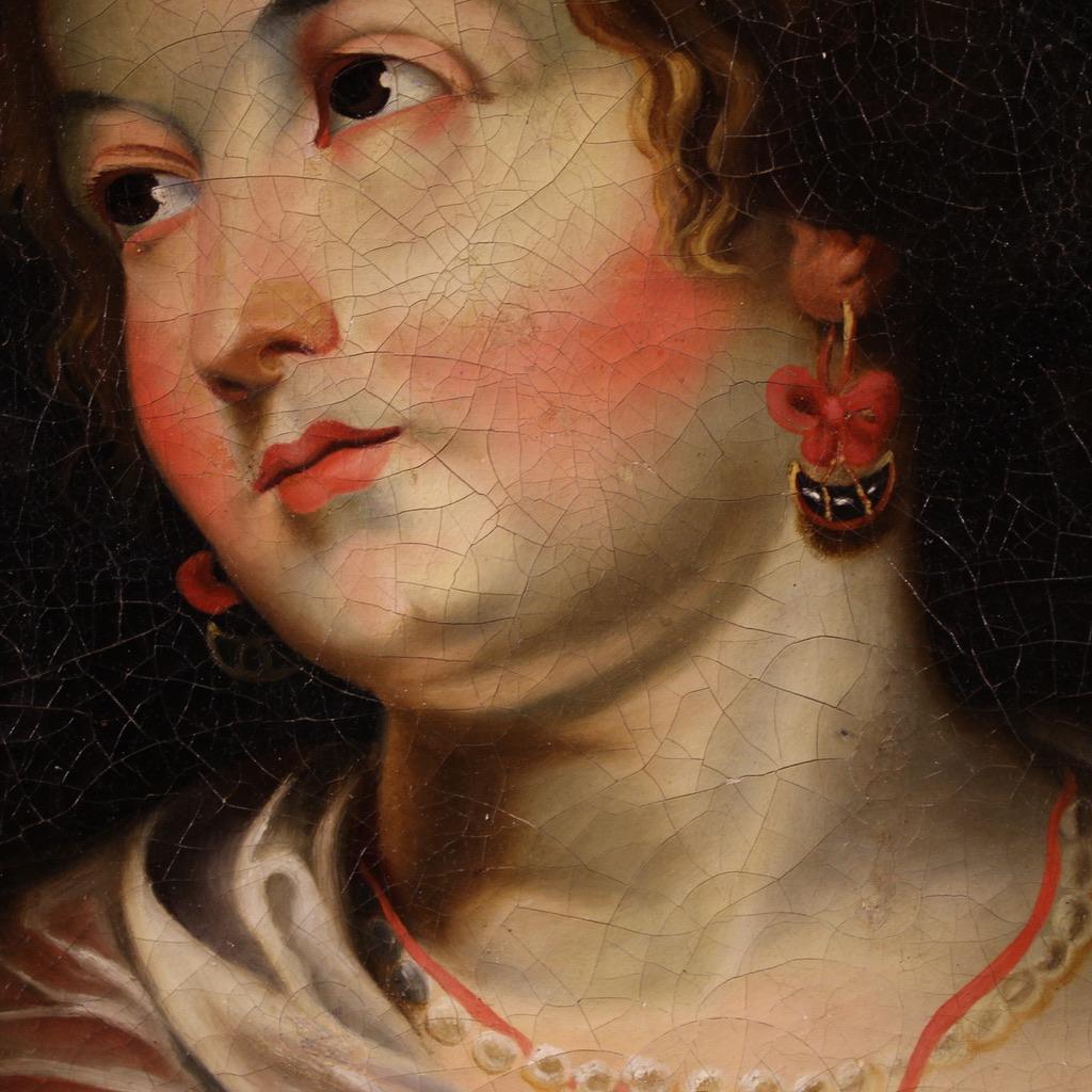 19th Century Oil on Canvas Italian Lady Portrait Antique Painting, 1820 For Sale 4