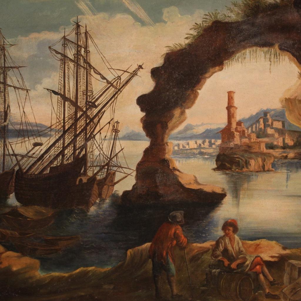 Antique Italian painting from 19th century. Framework oil on canvas depicting landscape, seascape with ships and characters, full of details. Carved and lacquered wooden frame, not contemporary, from the 20th century. Work that has undergone