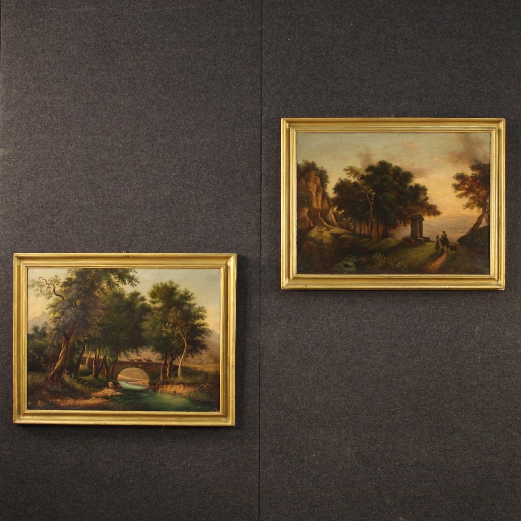 Italian painting from the late 19th century. Oil painting on canvas, first canvas, depicting landscape with characters and horses, of romantic style. Golden wooden frame, adapted to the painting, with some small signs. Nice size painting and nice