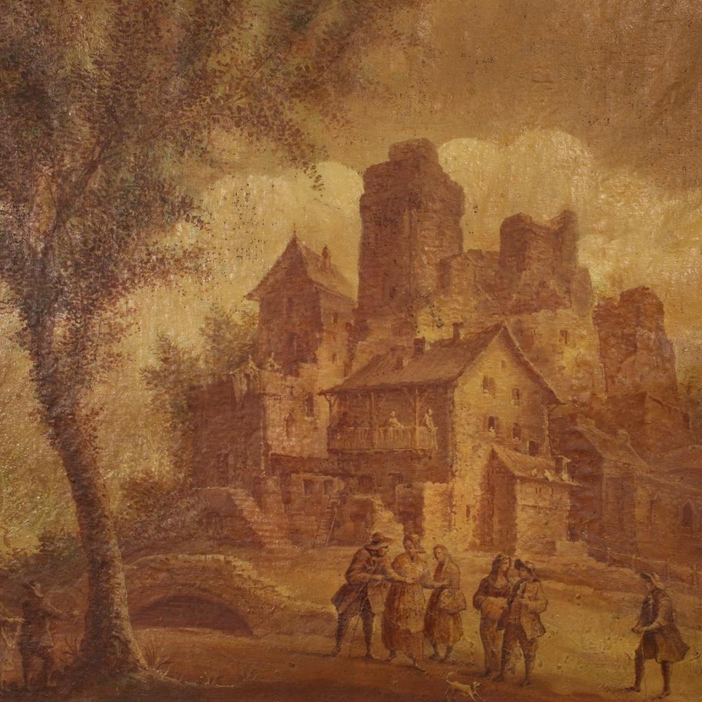 Antique Italian painting from 19th century. Oil painting on canvas depicting landscape with characters in 18th century style. Framework of great size and impact that has undergone several interventions of conservative restoration and color recovery