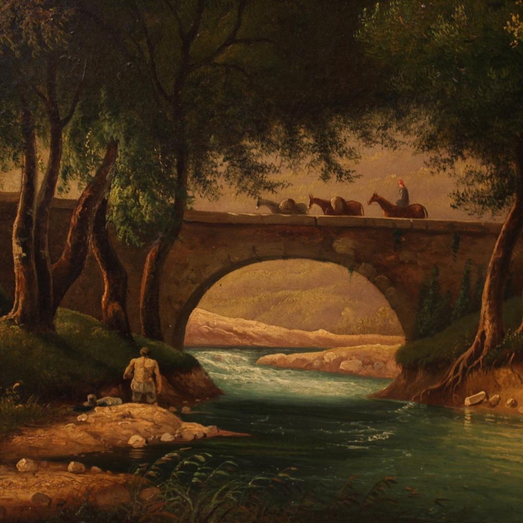 19th Century Oil on Canvas Italian Painting Landscape with Characters, 1880 In Good Condition In Vicoforte, Piedmont