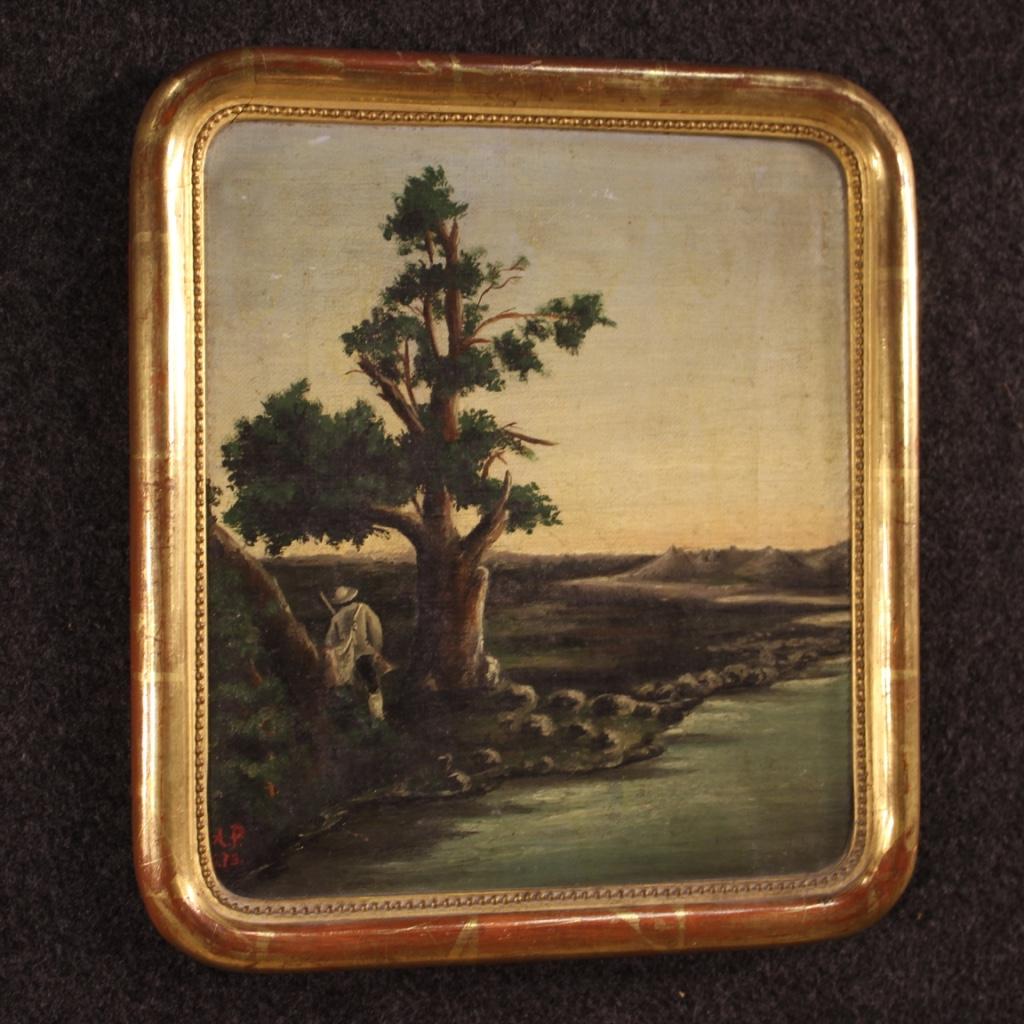 Late 19th Century 19th Century Oil on Canvas Italian Painting Landscape with Hunter, 1873
