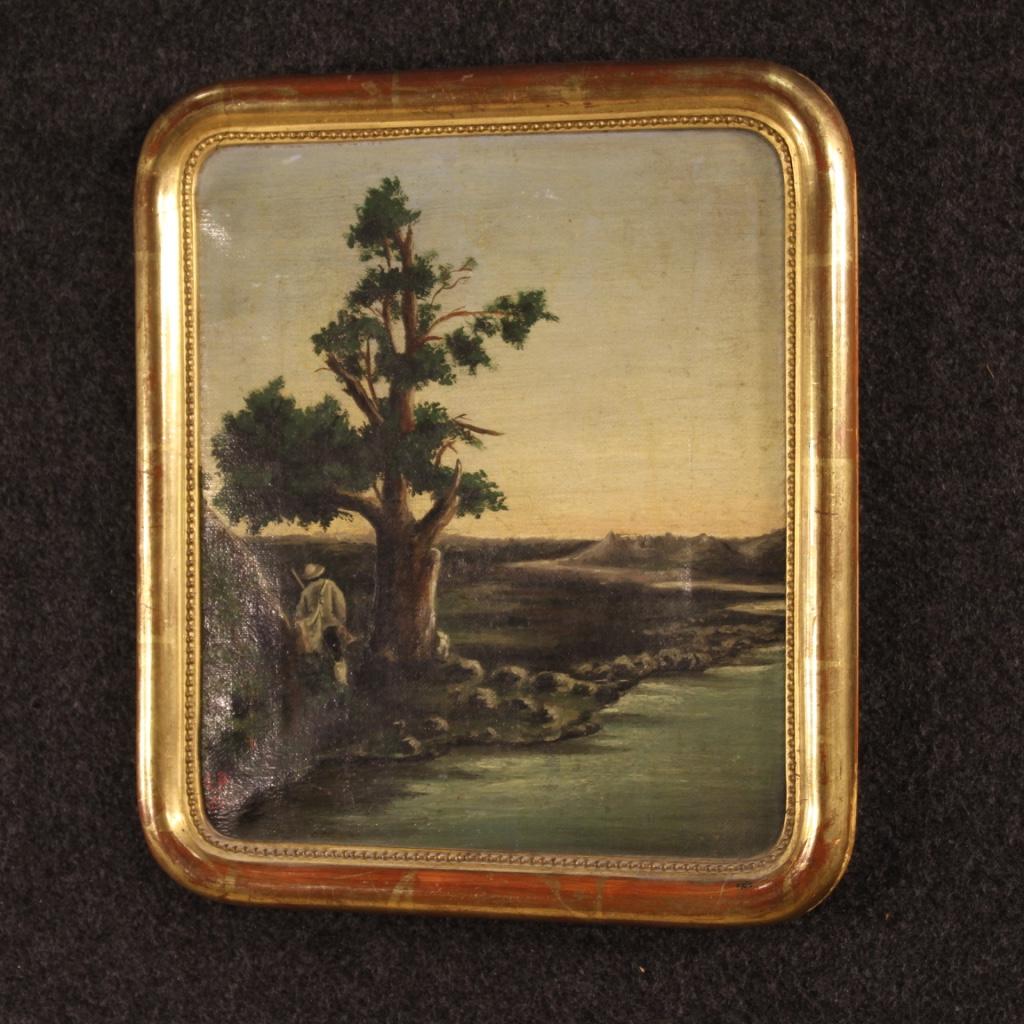 19th Century Oil on Canvas Italian Painting Landscape with Hunter, 1873 4